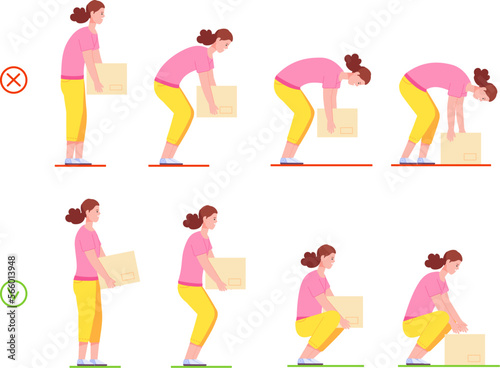 Woman lifting box. Correct and incorrect handling heavy objects, painful or safety posture for carry heaviness, wrong proper lift work women position, splendid vector illustration