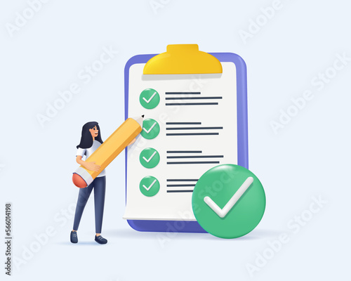 3D Positive business woman with pencil in hands nearby marked checklist on a clipboard paper. Successful completion of business tasks. 3D render vector illustration