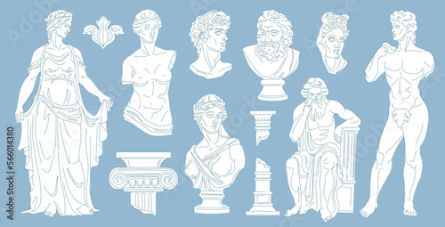 Cartoon antique statues. Ancient historic monuments classical greece culture, beautiful greek statue roman set museum element sculpture for drawing, ingenious vector illustration