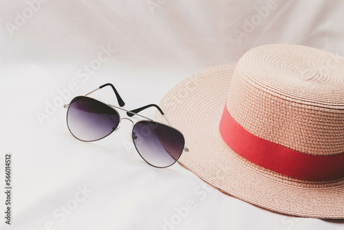 Women's Beach Hat and Sunglasses. Top View.