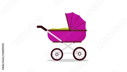 Baby buggy animation - Girls stroller pram in pink colour moving around with spinning wheels. Flat design animation on white background photo