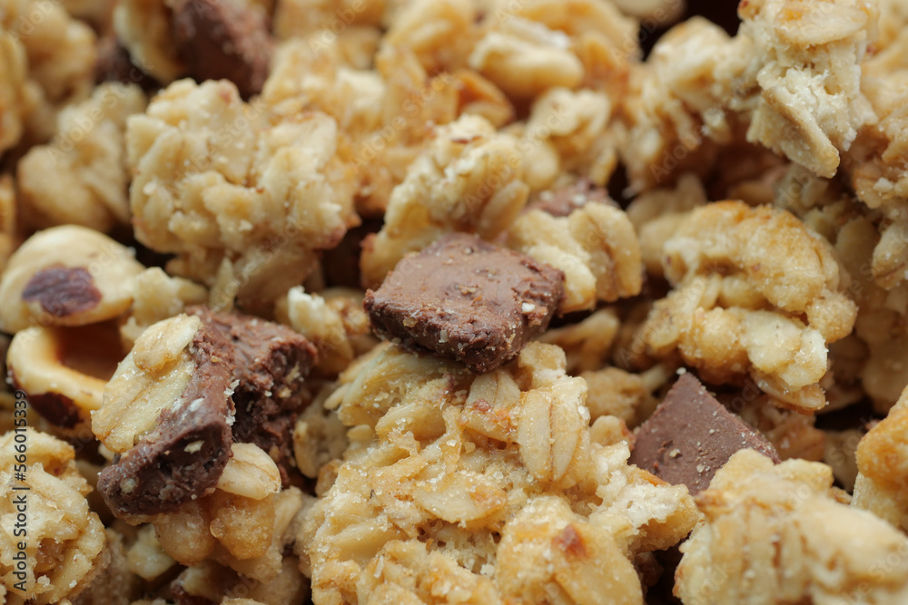 detail shot of chocolate granola Musli in a bowl, detail shot of chocolate granola Musli in a bowl,