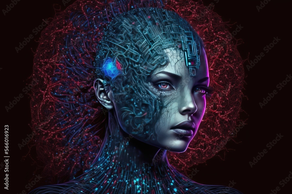 cyber woman with a neural network thinks artificial intelligence with a digital brain cyber woman with a neural network thinks artificial intelligence with a digital brain