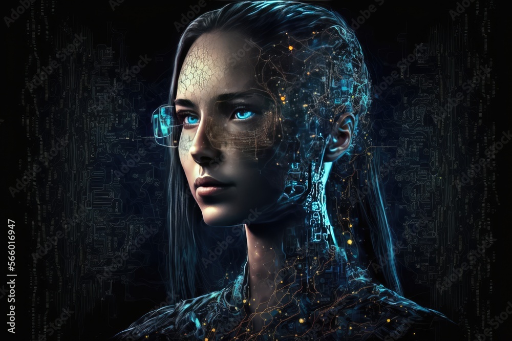 cyber woman with a neural network thinks artificial intelligence with a digital brain cyber woman with a neural network thinks artificial intelligence with a digital brain