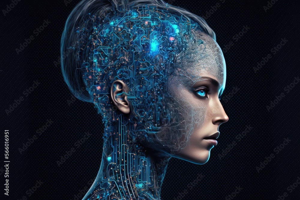 cyber woman with a neural network thinks artificial intelligence with a digital brain