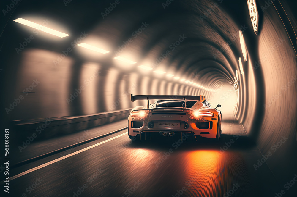 Sport car at high speed riding in road tunnel, cinematic scene