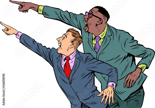People point with their hand. Template advertising announcement news sale. Two male businessmen, partners Pop art style