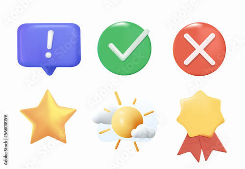 3D icons set in realistic cartoon style checkmark, yes tick, no symbol, golden star, sun and clouds, badge award symbols for UI UX design. Vector render illustration
