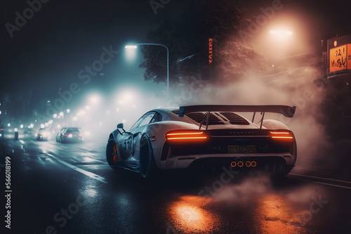 Sport racing car riding in night city, cinematic scene © K3nnji