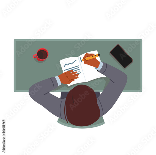 Male Character Sitting At Workplace In Office Writing In Diary, Making Notes Top View Isolated On White Background