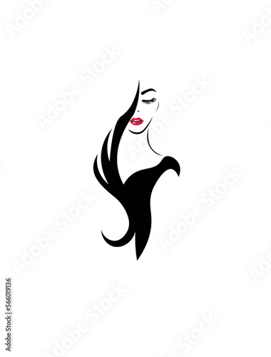 Beautiful sexy face, Red lips, Fashion woman,. a Cute girl with luxurious hair, red lips. Logo for beauty salons, stylish boutiques. 