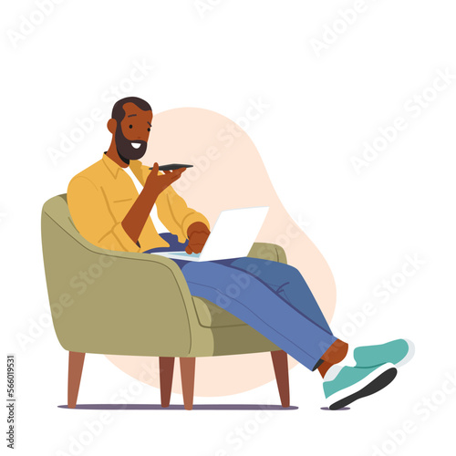 Male Character Sitting On Armchair With Smartphone And Laptop Isolated On White Background. Man Relax, Work