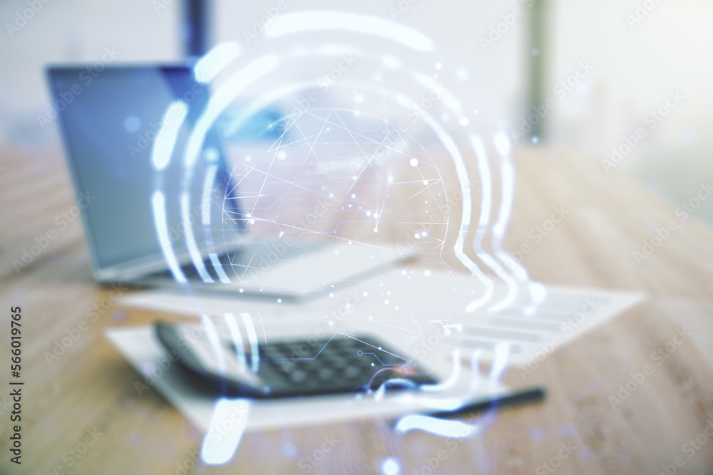 Abstract virtual artificial Intelligence interface with human head hologram on calculator and laptop background. Multiexposure Abstract virtual artificial Intelligence interface with human head hologram on calculator and laptop background. Multiexposure