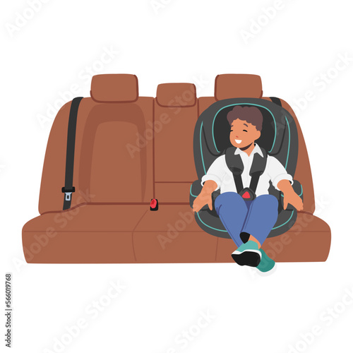 Kid Character Sitting On Car Seat, Baby Boy On Vehicle Board. Child Safety, Comfortable Travel Concept. Happy Kid