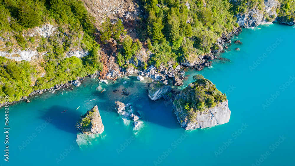 Aerial view of the picturesque Marble Caves near Puerto Rio Tranquilo - Lago General Carrera, Chile 