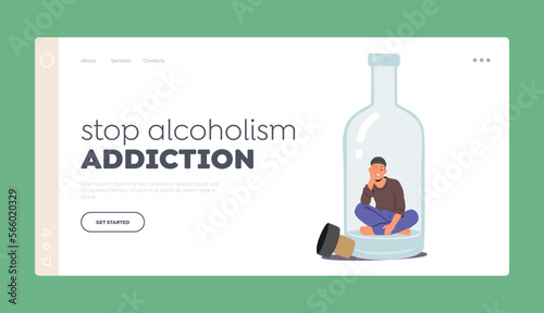 Stop Alcoholism Addiction Landing Page Template. Drunk Man Sitting On Bottom Of Empty Bottle Vector Illustration