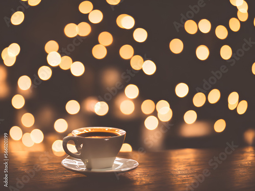 Cup of coffee on wooden table and background with bokeh lights with copy space Generative AI