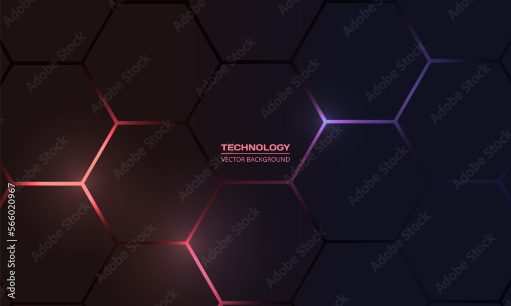 Dark hexagon abstract technology background with red and violet colored bright flashes under hexagon. Hexagonal gaming vector abstract tech background.