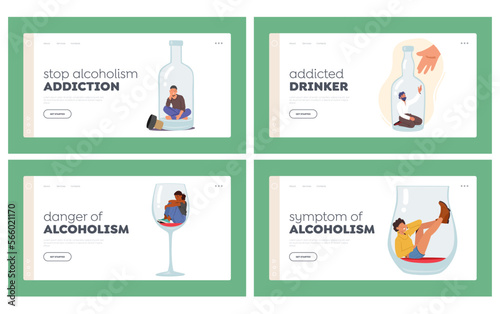 People With Alcohol Addiction Landing Page Template Set. Male And Female Characters Sit On Wineglass Or Bottle Bottom