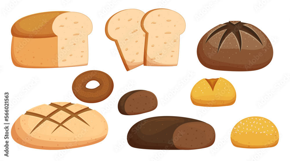 Set Of Bread And Different Bakery Production. Isolated Toast, Loaf, Bun With Sesame Or Rye Donut Pastry Collection Set Of Bread And Different Bakery Production. Isolated Toast, Loaf, Bun With Sesame Or Rye Donut Pastry Collection