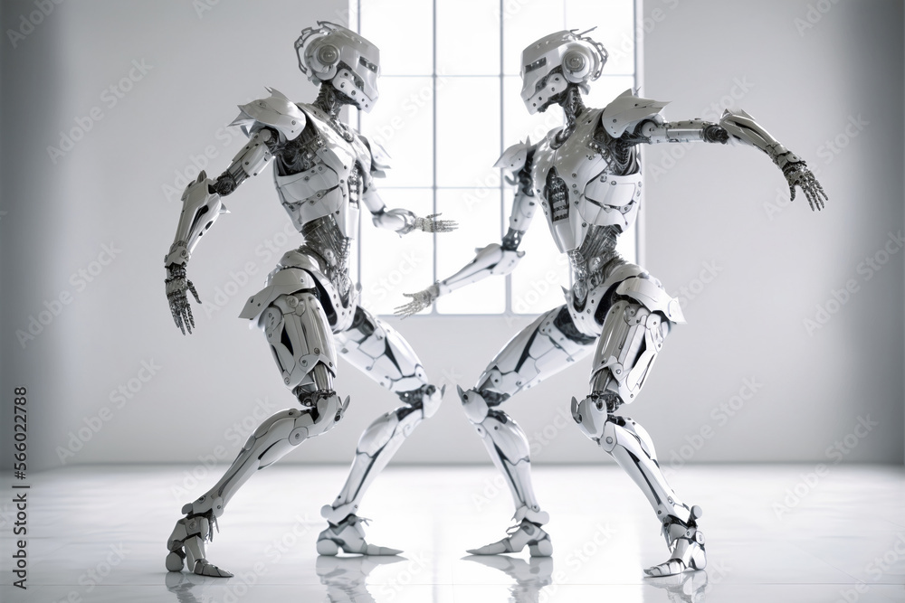 Two male robots dancing. Couple or friends. Artificial intelligence, digital technology. Digital smart world metaverse. Humanoide, cyborg. Generative AI.