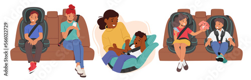 Set Children Sit In Car Seat. Happy Boy And Girl Characters Sitting In Vehicle Chair During Road Travel With Family