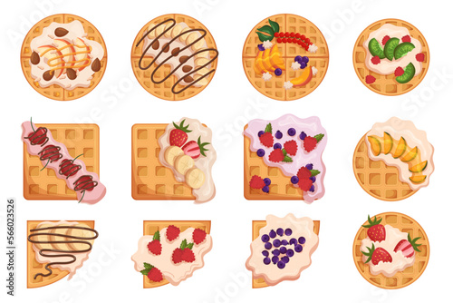 Set Of Belgian Waffles, Homemade Pastry Decorated With Fresh Berries And Fruits, Jam And Cream, Square And Round Wafers