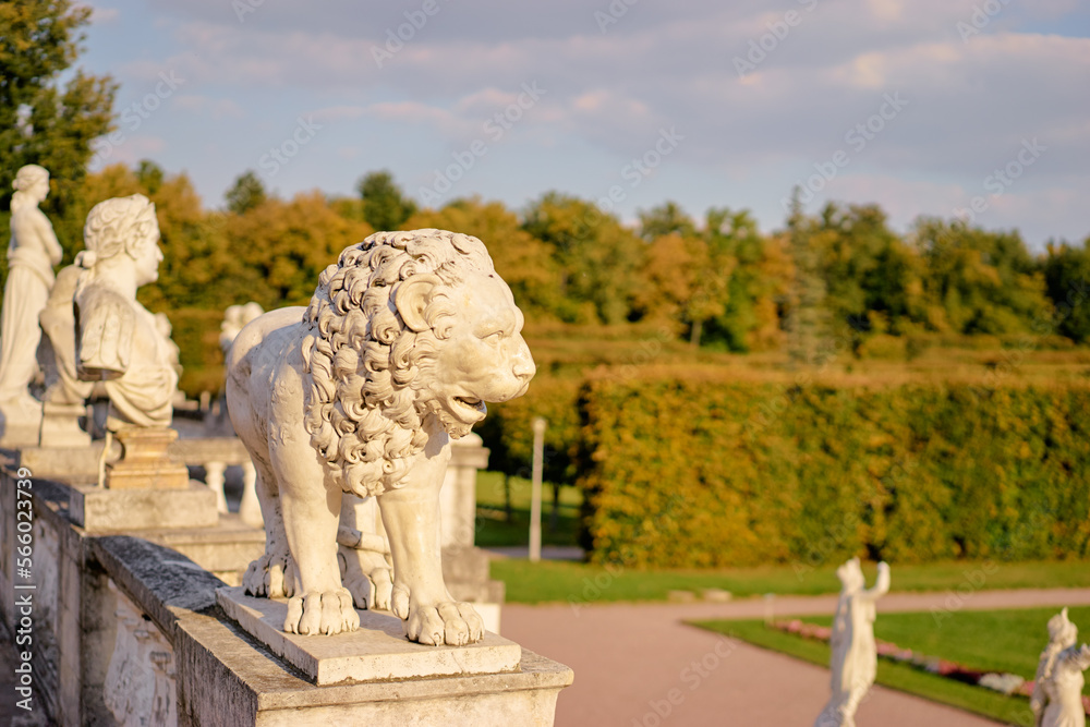 White marble lion statue in Museum estate Arkhangelskoye. Moscow, Russia.