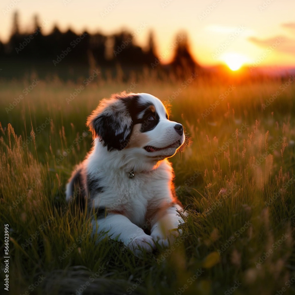 Pure nature pet dog on the farm looking at the sunset. Generative AI.