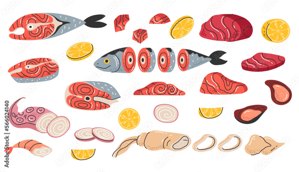 Fish seafood fresh food sea ingredient menu cute doodle style set. Vector design graphic illustration