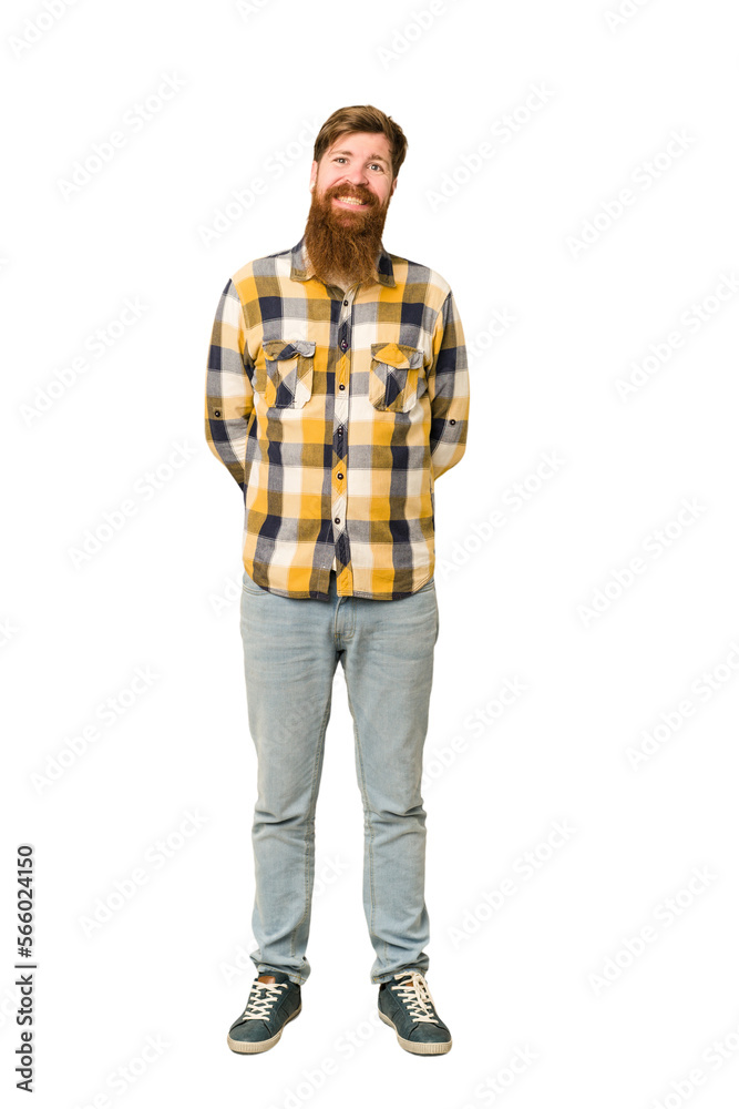 Young adult redhead man with a long beard standing full body isolated happy, smiling and cheerful. Young adult redhead man with a long beard standing full body isolated happy, smiling and cheerful.