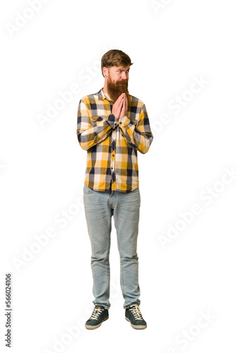 Young adult redhead man with a long beard standing full body isolated making up plan in mind, setting up an idea.