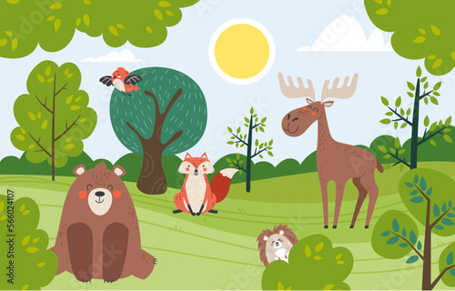 Forest animal vector woodland nature background tree landscape concept. Vector design graphic illustration