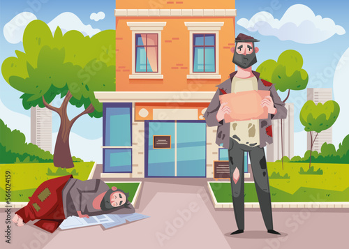 Homeless poor people poverty person on street in desperate. Unemployment jobless trouble concept. Vector design graphic illustration