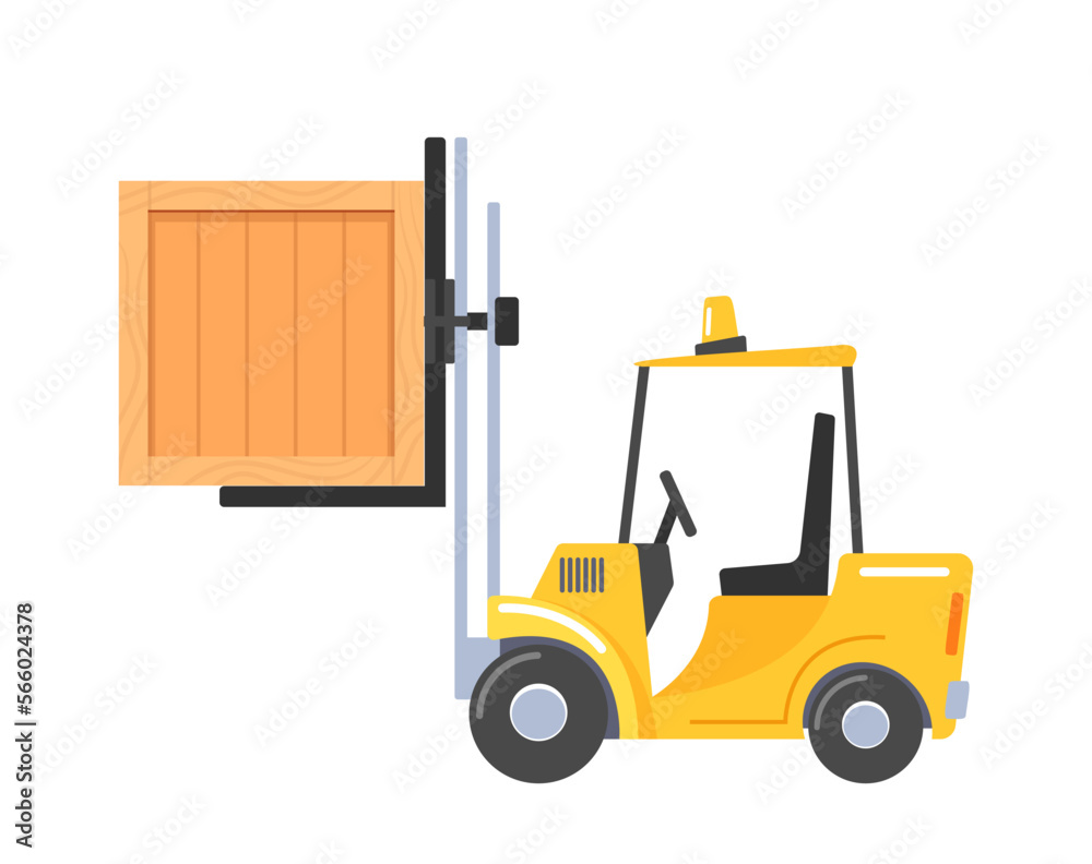 Professional Loading Equipment. Electrical Forklift Truck Transporting Heavy Boxes at Factories Isolated on White