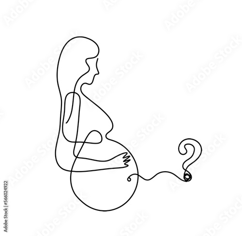 Mother silhouette body with question mark as line drawing picture on white