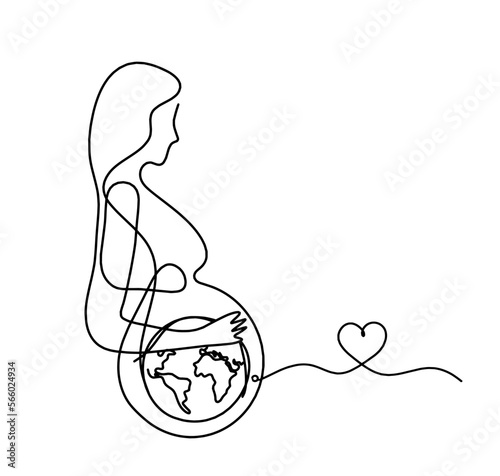 Mother silhouette body with heart as line drawing picture on white