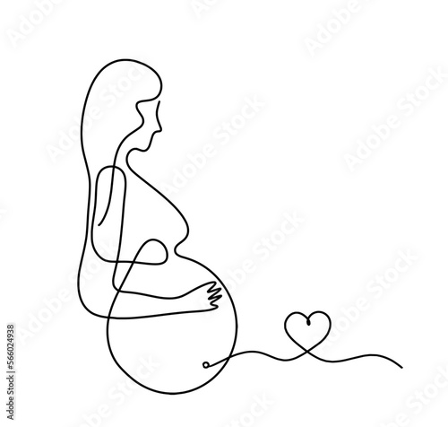 Mother silhouette body with heart as line drawing picture on white