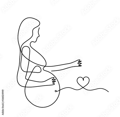 Mother silhouette body with heart as line drawing picture on white