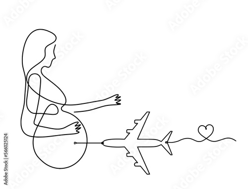 Mother silhouette body with plane as line drawing picture on white
