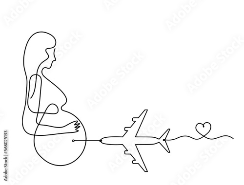 Mother silhouette body with plane as line drawing picture on white
