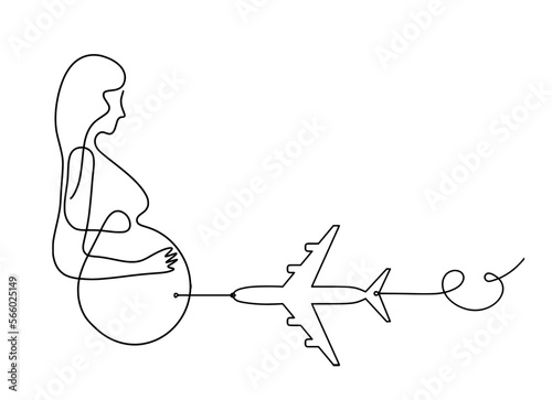 Mother silhouette body with plane as line drawing picture on white