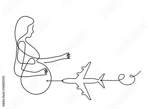 Mother silhouette body with plane as line drawing picture on white