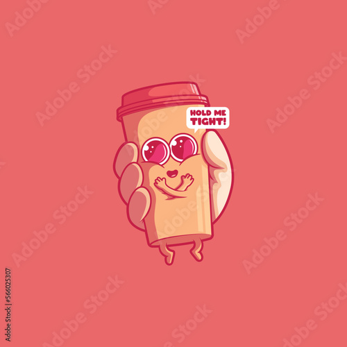 Hand holding a cute coffee cup character vector illustration. Drink, inspiration, funny design concept.
