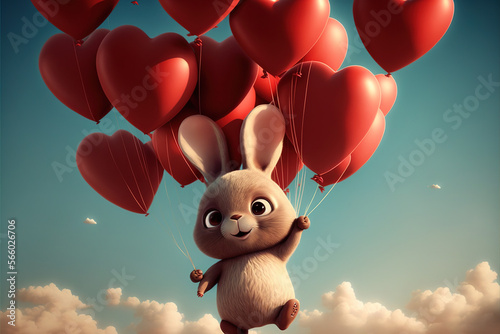 cute bunny rabbit flying away with red heart shaped balloons, Valentine's day card concept