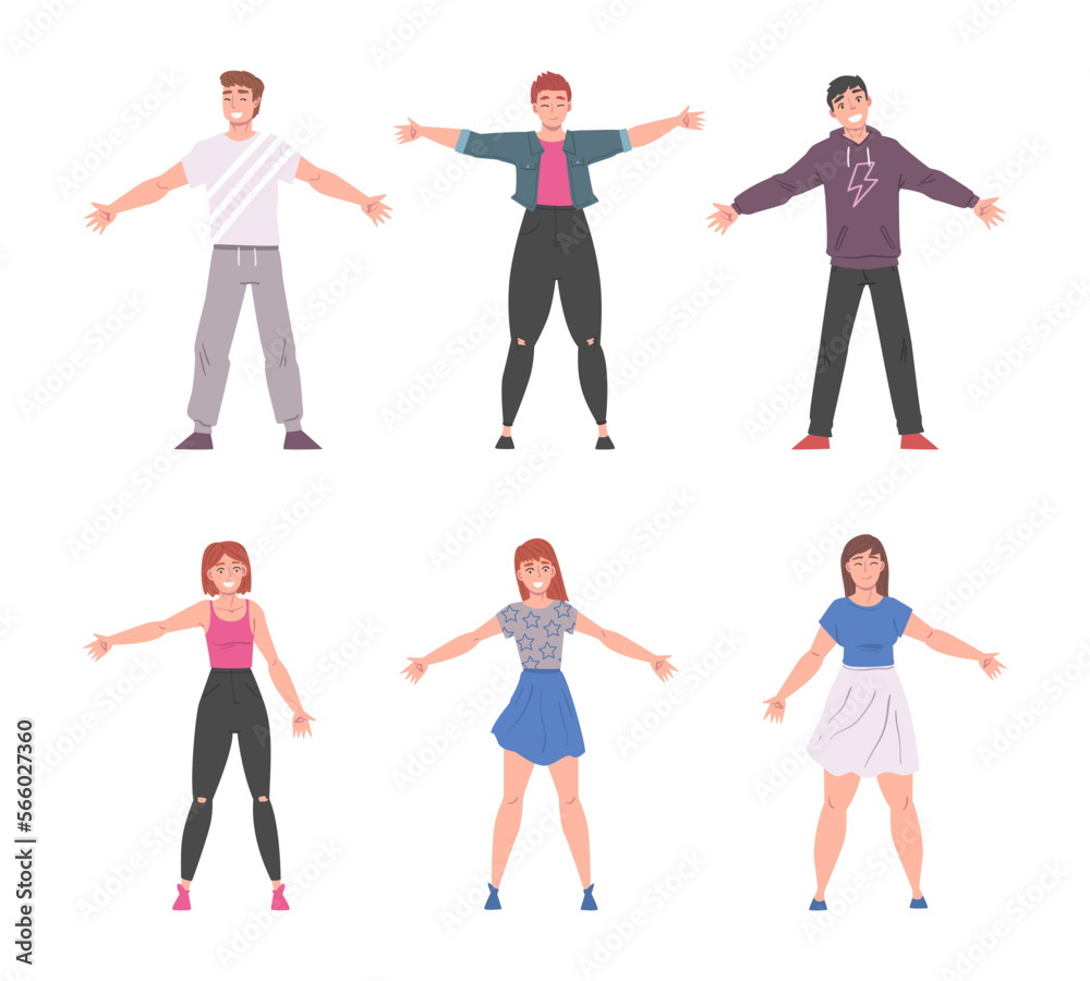 Cheerful Young Man and Woman Standing with Wide Open Arms as Welcome and Solidarity Gesture Vector Set Cheerful Young Man and Woman Standing with Wide Open Arms as Welcome and Solidarity Gesture Vector Set