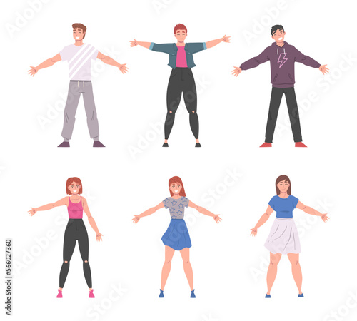 Cheerful Young Man and Woman Standing with Wide Open Arms as Welcome and Solidarity Gesture Vector Set