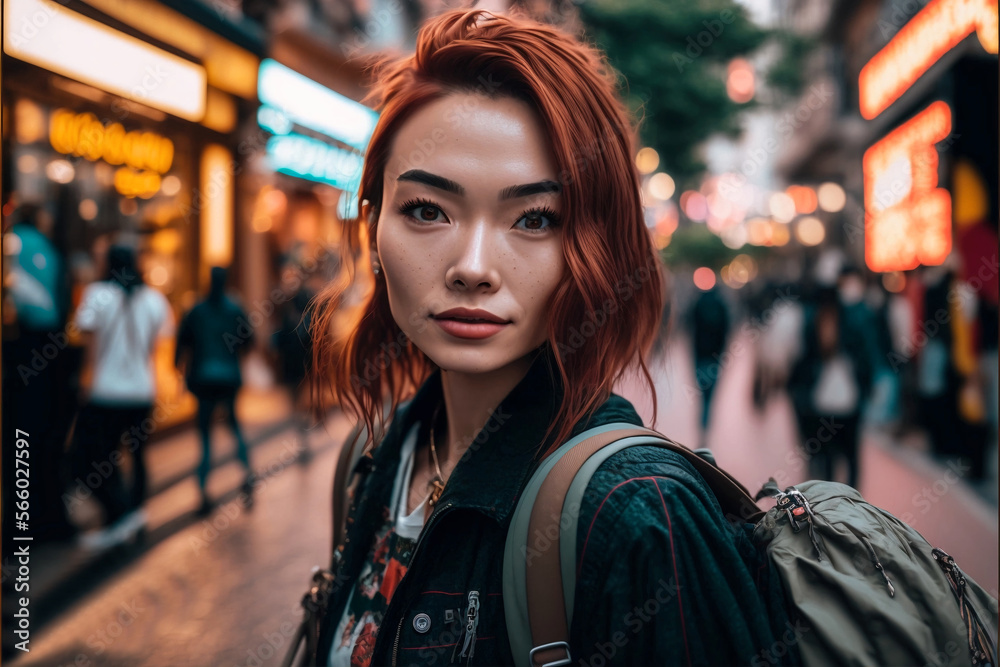 Young and modern woman with Asian features in a shopping street. Front view. Girl looking at the camera with a backpack and modern clothes. Shopping girl in shopping street Fashion girl. Generative Ai