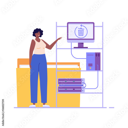 Woman repairing HDD. Restoration process. Data recovery, data storage backup, hardware disk repair service. Vector illustration in flat cartoon design