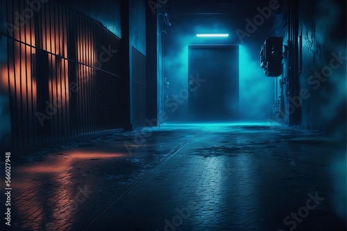 Dark street  asphalt abstract dark blue background  empty dark scene  neon light  spotlights The concrete floor and studio room with smoke float up the interior texture for display products
